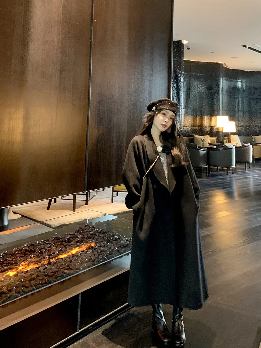 

Felix Double-Faced Woolen Coat Camel down Pure Wool Silk Qingguo Collar Eternal Sle Women's Long Sve Coat Winter Faion