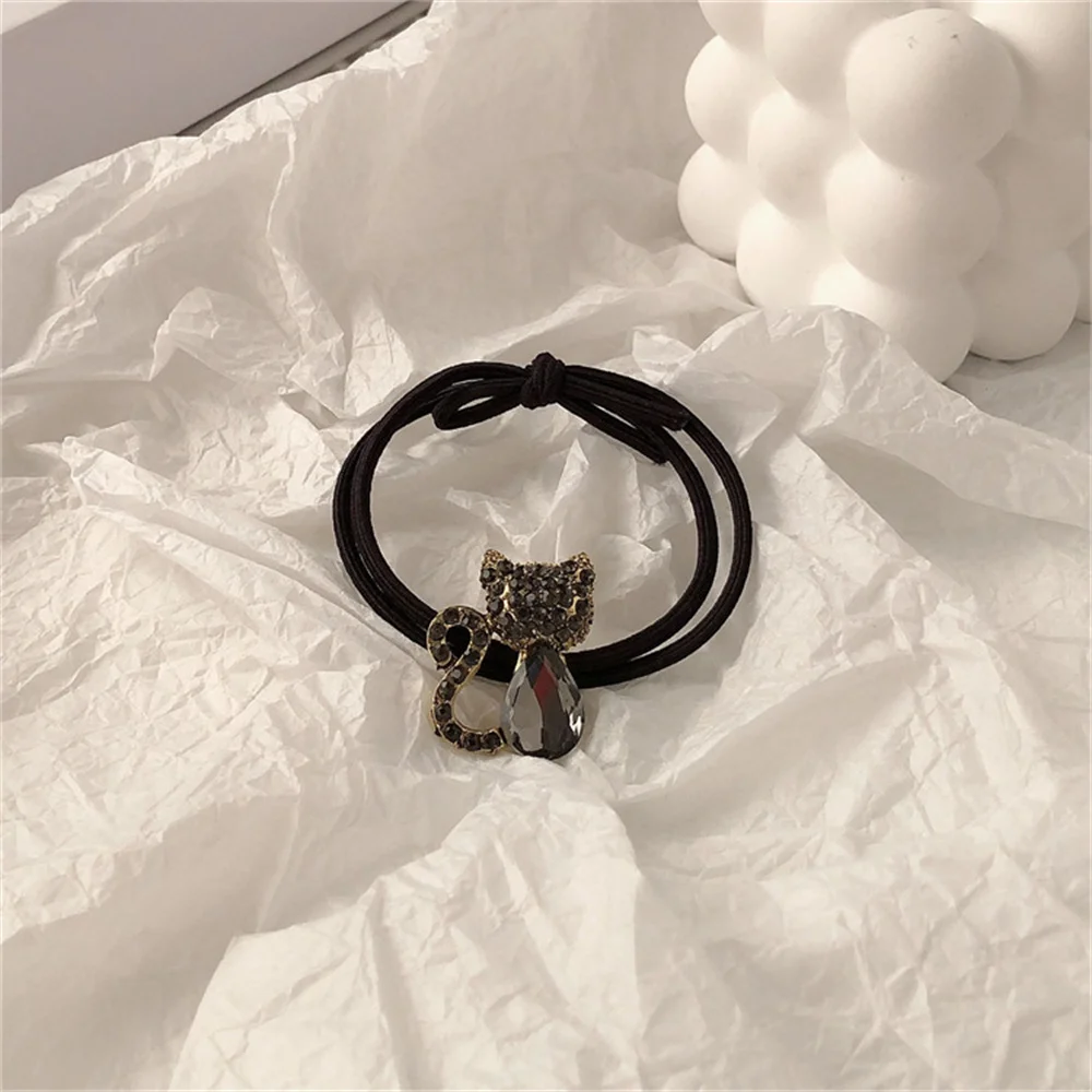 Fashion Rhinestone Crystal Cat Hair Rope Cute Metal Animal Hairbands Women Girls Elastic Ponytail Bun Headwear Jewelry Hair Ring