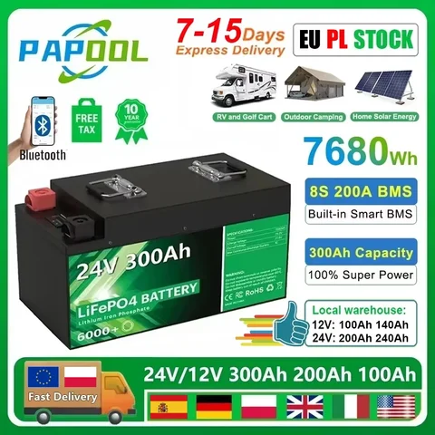 LiFePO4 24V 300Ah 200Ah 100Ah 140Ah 12V 48V Lithium Battery Bluetooth Grade A 6000 Cycle For Solar RV Golf Cart Boat EU PL STOCK