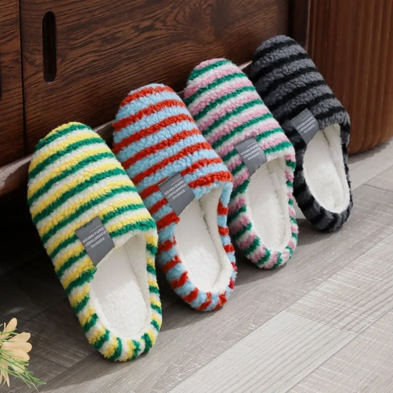 Couple Rainbow‑Stripe Cotton Slippers Non‑Slip Silent Warm Fluffy Cozy Indoor Floor Shoes Plush Home Slippers