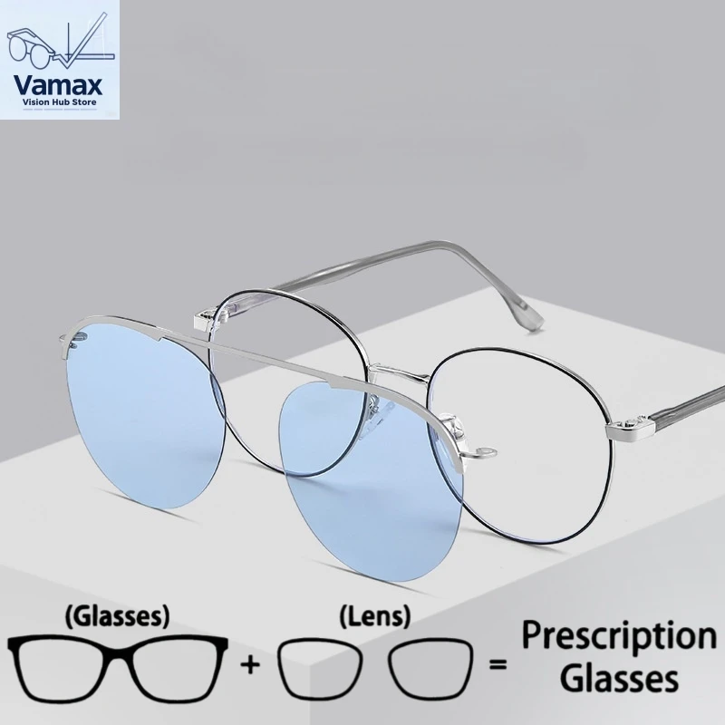 VAMAX Fashion Round Frame Two in One Prescription Glasses Magnetic Polarized Sunglasses for Women Men