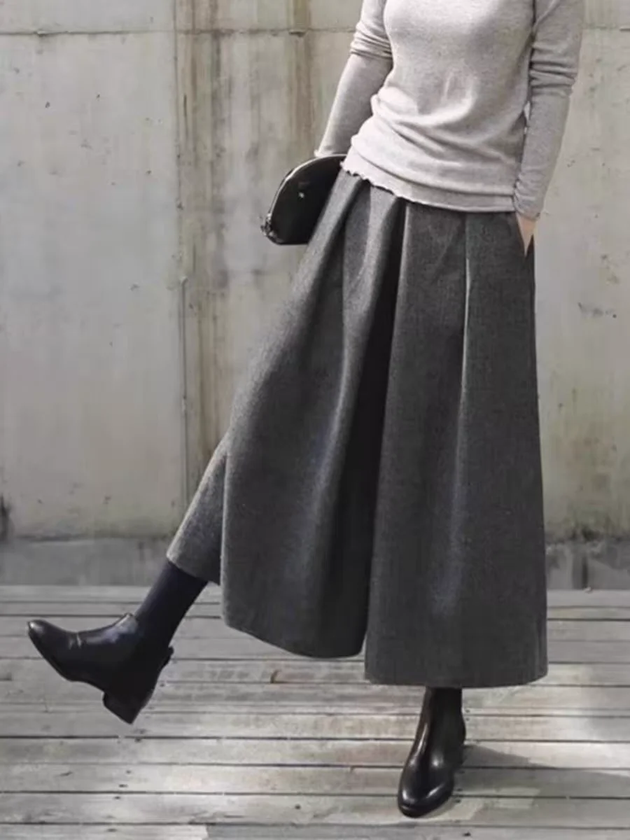 Autumn and Winter New Gray Woolen Culottes Women Daily Commuting Plus size Loose High Waist Wide Leg Woolen Pants Slimming Ve...