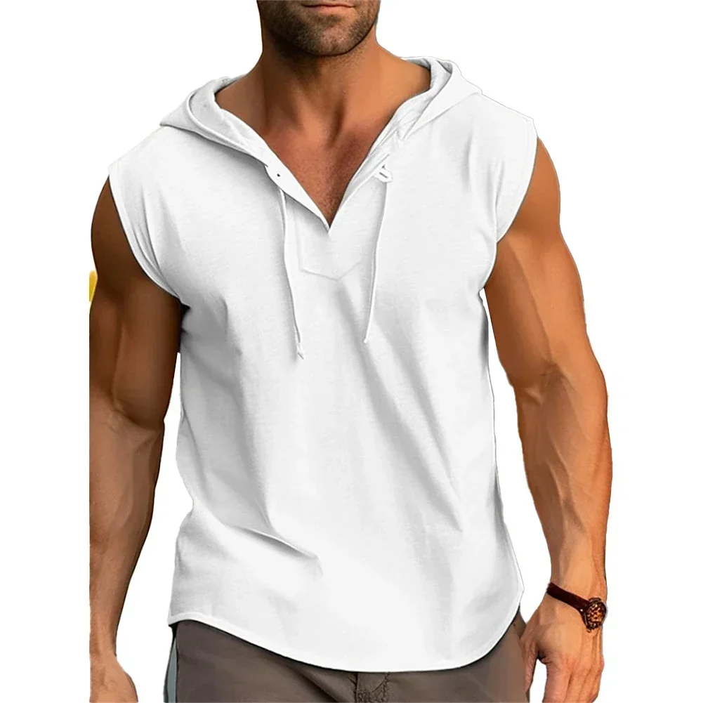 Beach Daily Tank Tops Male Summer Sleeveless Solid Color Streetwear V-neck Wear-resistant Breathable Drawstring