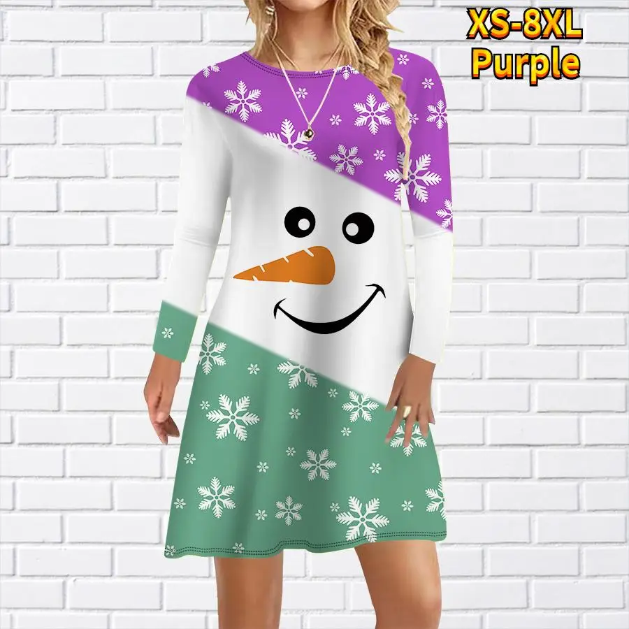 أنيقة لطيف عيد الميلاد ثلج مطبوعة فستان المرأة الصغيرة الخريف الشتاء الحلو طويلة الأكمام فضفاضة عادية فستان حفلة عيد الميلاد رداء #2