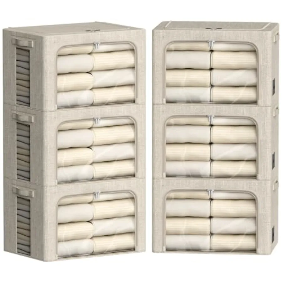 

6 Pack Clothes Storage Bins with Metal Frame Foldable Storage Bins for Clothes Linen Fabric Storage Box with Clear Window,15.7x