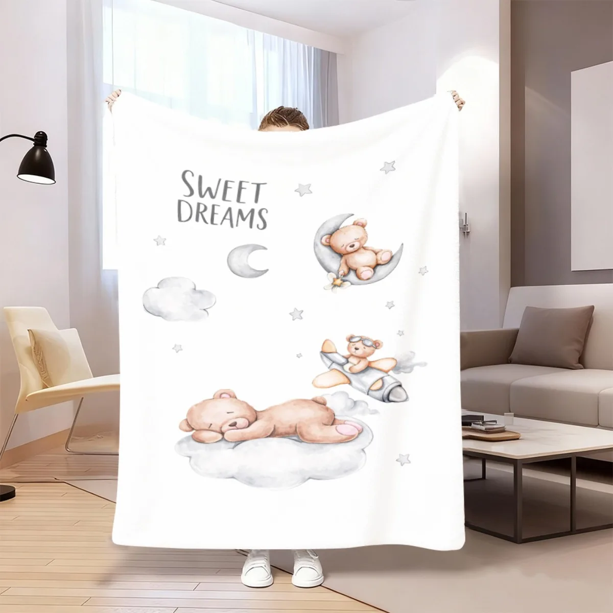 1pc Sweet Dreams Watercolor Baby Bears Moon Stars Print Flannel Blanket Multi-Purpose, Long-Lasting, Machine Washable, Reusable