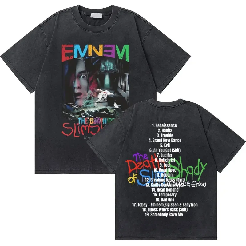 Washed Vintage Eminem The Death of Slim Shady Graphic Tshirt Men Hip Hop Oversized T Shirts Short Sleeve Male Casual T-shirts