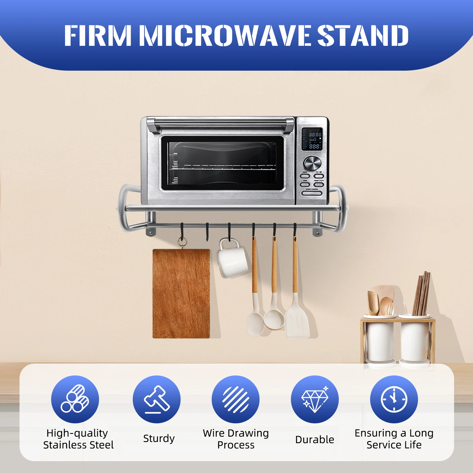 

Microwave Wall Mount Stainless Microwave Oven Rack Wall-Mounted Kitchen Shelf with Hooks For Microwaves Toasters Storage Tool