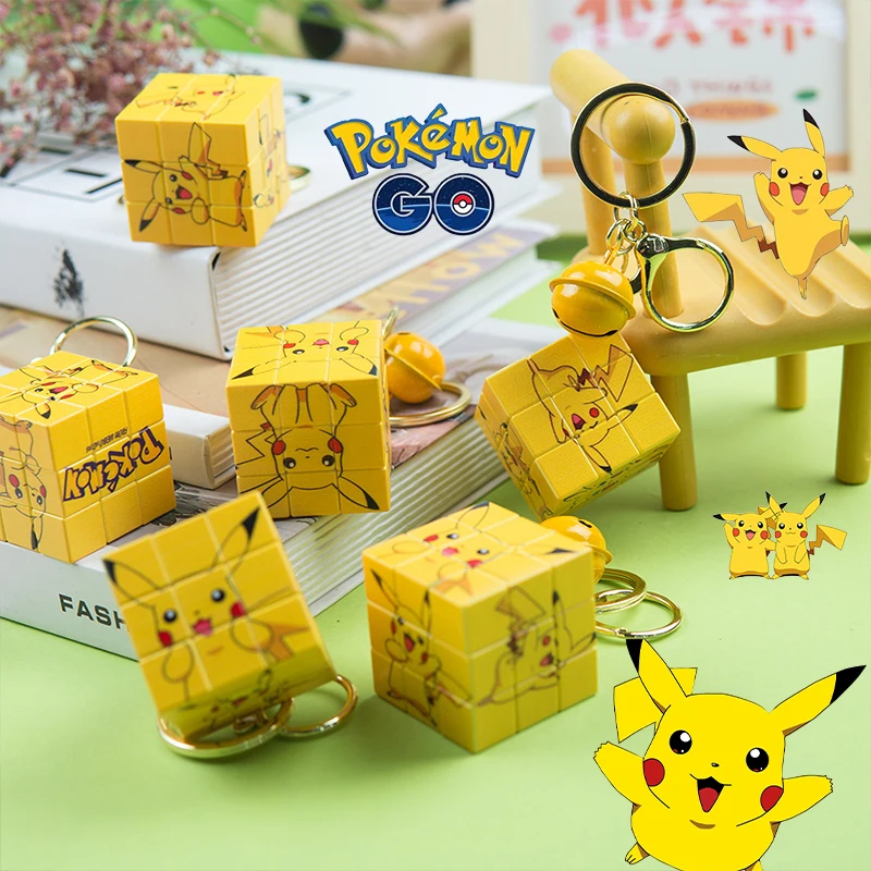 Pokemon Pikachu Keychain Magic Cube Pendant Keyring for Woman Men Fashion Key Holder Jewelry Backpack Charm Accessories Gifts