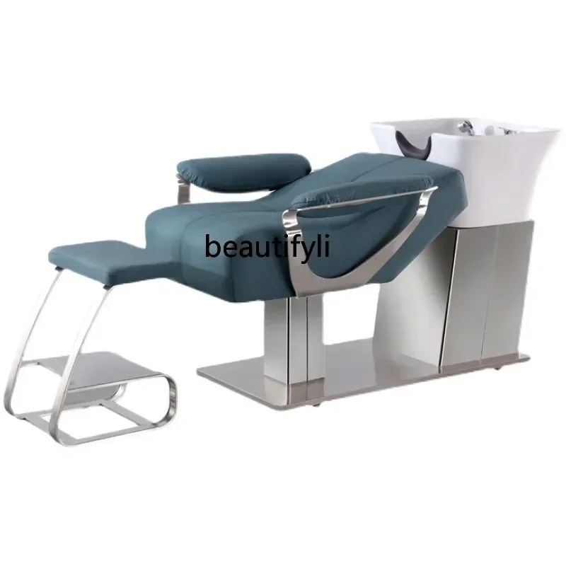 Barber Shop Shampoo Chair Lying Half Ceramic Basin Thai Head Massage Treatment Bed Stainless Steel