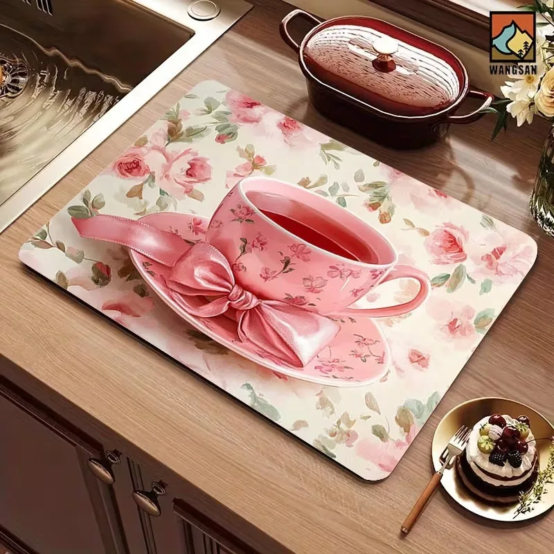 Cute Red Gingham Dish Drying Mat Apple Pattern Kitchen Counter Mat Retro Plaid Coffee Bar Pad Fruit Absorbent Placemat