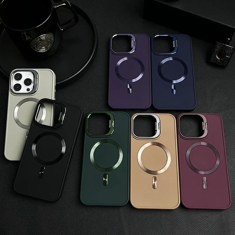 Metal Lens Bracket Magnetic Phone Case For iPhone 11 12 13 14 15 16 Pro Max 16 Plus MagSafe Wireless Charge Holder Phone Cover