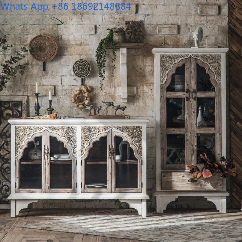 Distressed Glass Cabinet for Kitchen or Living Room Decor with Wooden Frame and Storage Shelves Perfect for Home Use