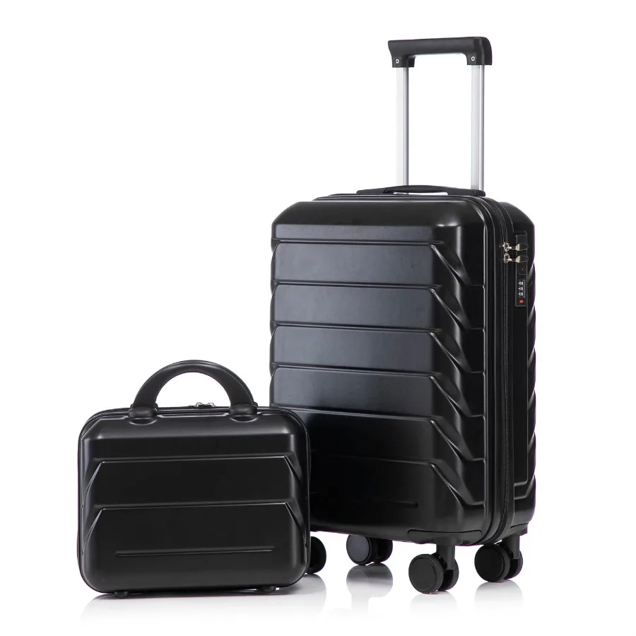 

14" 20" 2 pcs set in ABS Spinner Wheel Luggage with Combination Lock 14" Cosmetic Case Black