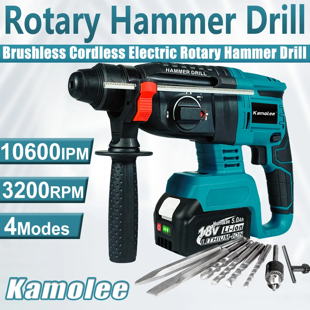 Kamolee 2000W Brushless Rotary Hammer Drill Rechargeable Electric Hammer Impact Drill For Makita Battery