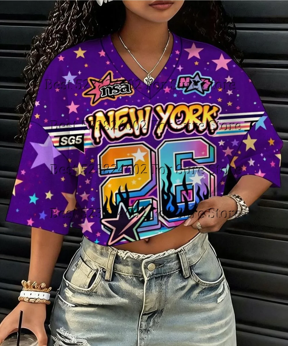 Retro Y2K Streetwear Women Cropped Jersey Tops New York 26 Flame Star Print V‑Neck Sleeve Purple Crop Tee Hip Hop Casual Shirt
