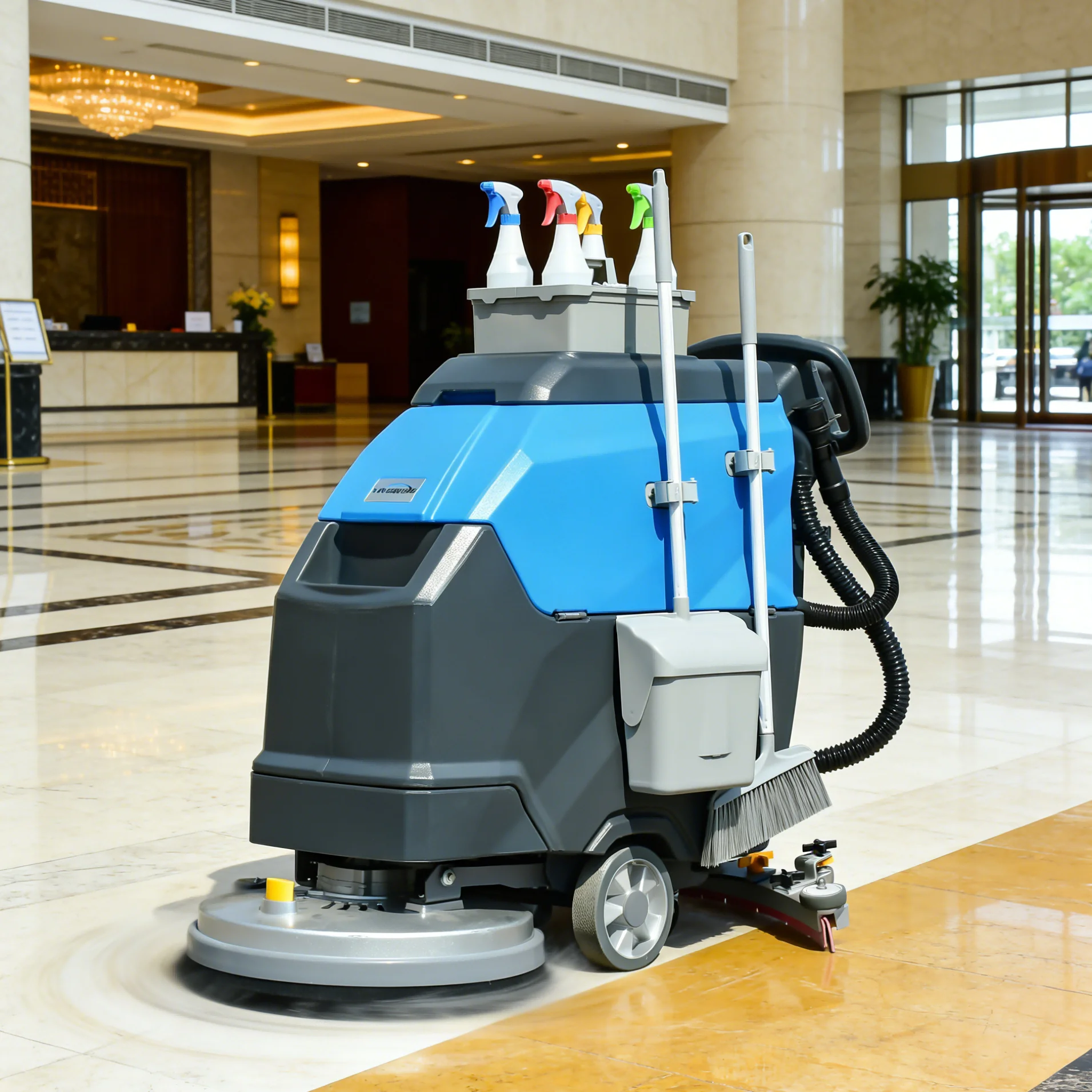 Walk-Behind Electric Commercial Floor Scrubber 520mm Ground Brushing Width 55L Tanks 2600/h Self-Cleaning Battery-Powered