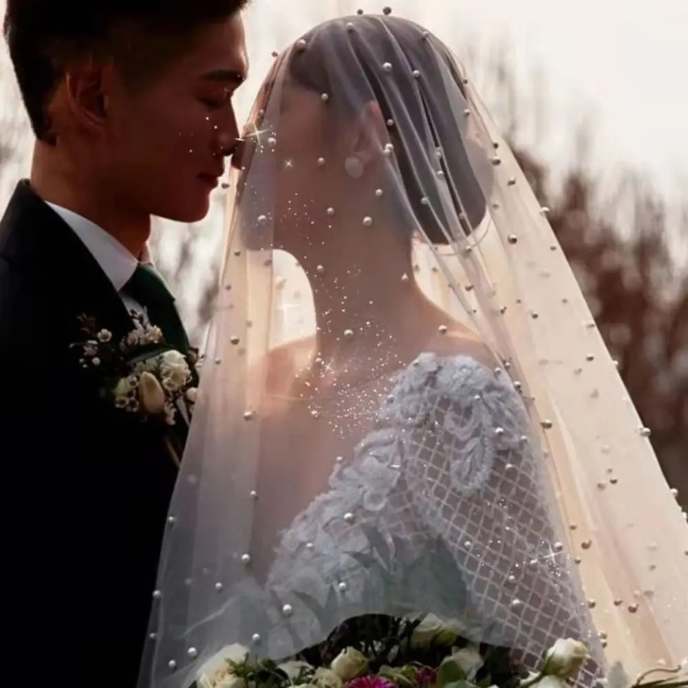 حجاب زفاف أبيض مغطى بالوجه، طول طويل، حجاب كاتدرائية أنيق، حجاب لؤلؤي رقيق، زفاف على شكل قلعة #2