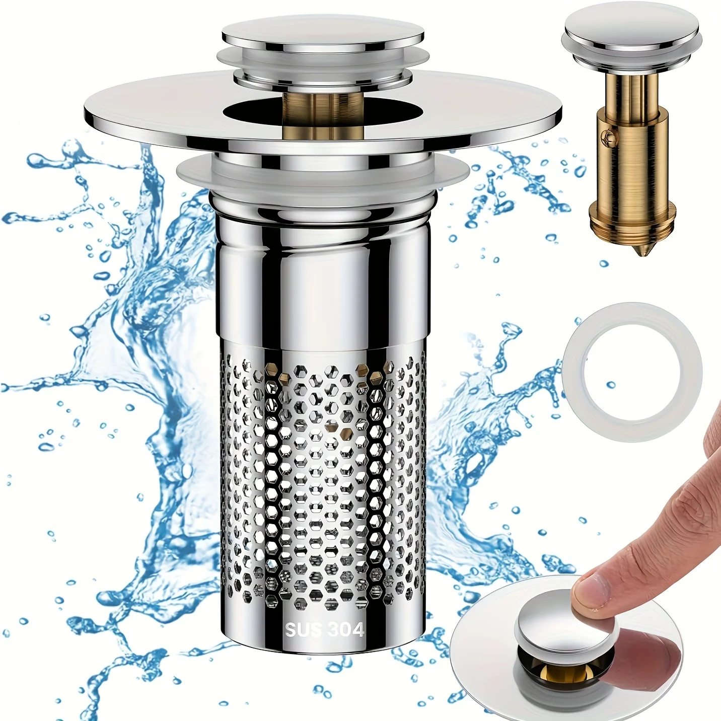Stainless Steel Floor Drain Filter, Washbasin Plug, anti Odor Pop-Up Buffer Core, with Detachable Basket, Basin Plug, Water Stop, Hair Collector, Sink Filter Screen