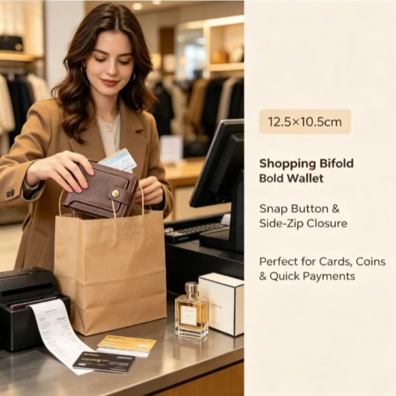 2026 New Retro Men's Short Wallet Horizontal Zipper Multi‑function Card Holder Tri‑fold Snap Coin Purse Male Money Clip