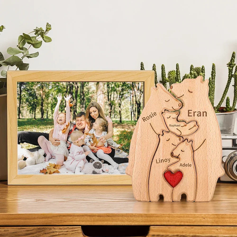 Family Wooden Statue Personalized Family Theme Wooden Puzzle Bears Cute Animal Bear Puzzle Baby Shower Gift for Kids and Family