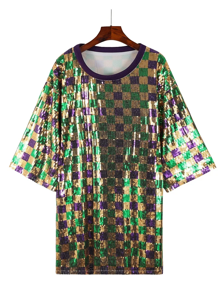 Robe de soirée à paillettes Mardi Gras pour femmes, col rond, demi-manches, t-shirt court et ample, robe carrée à paillettes géométriques