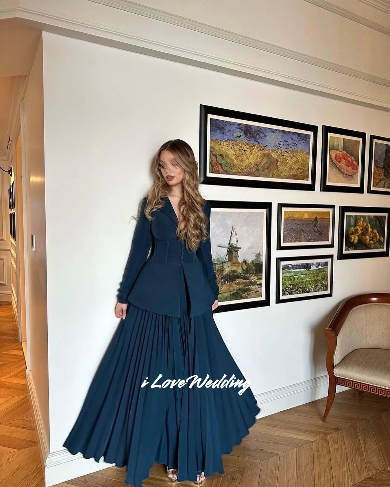 

Dark Blue V-Neck Prom Dress Long-Sleeve Button Two-Piece Set A-Line فساتين سهرة Ankle-Length Elegant Pleated Customize