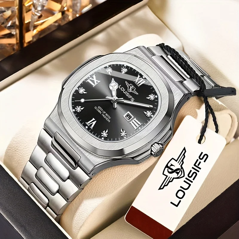 고급 남성용 쿼츠 시계 |   스테인리스 스틸 밴드, 블루 & 골든 액센트, 날짜 표시 - 백팩 C가 포함된 캐주얼하고 우아한 시계