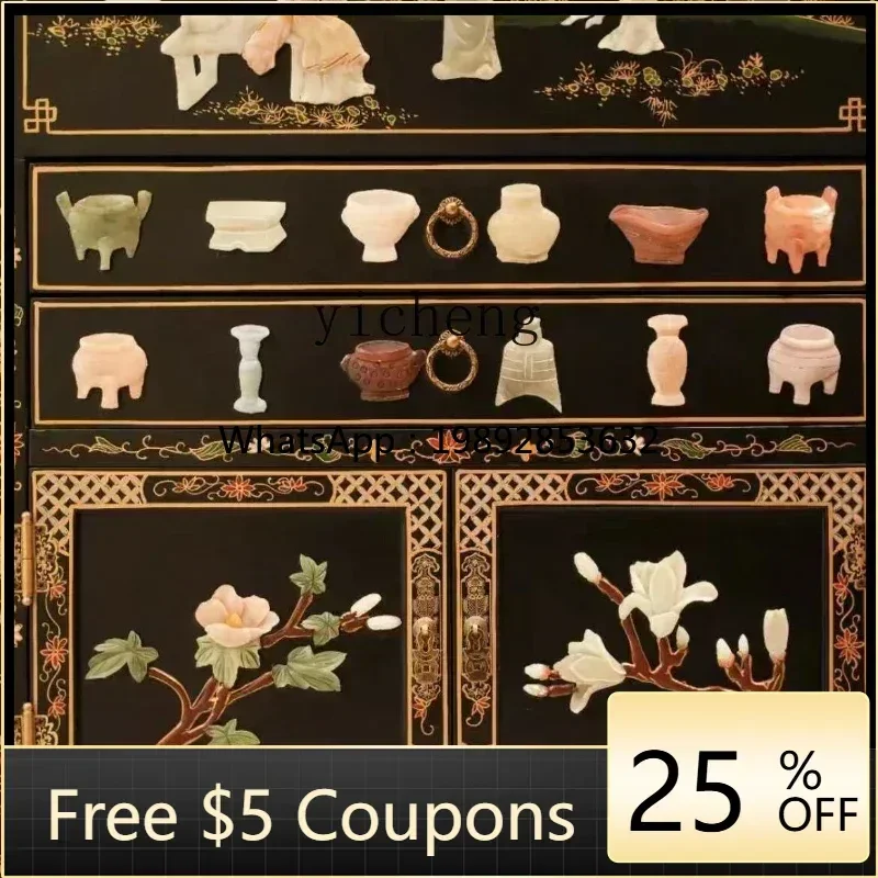 

1 new Chinese carved furniture living room neoclassical handmade bone stone flower and bird wine cabinet entrance locker