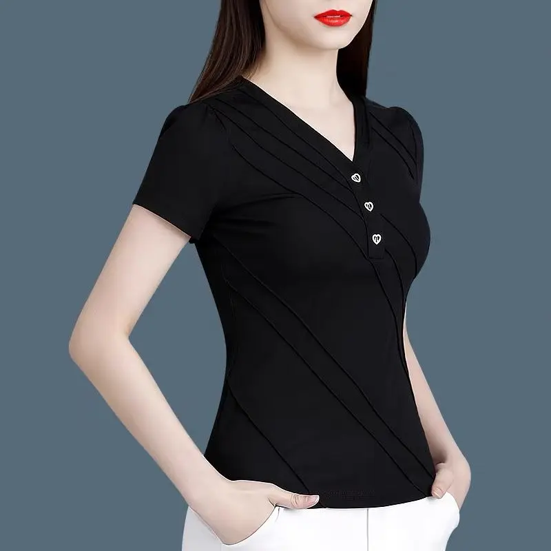 Summer New Fashion Elegant Simple Black V-Neck Short Sleeved T-shirt Women Temperation Patchwork Button Slim Fit Versatile Tops