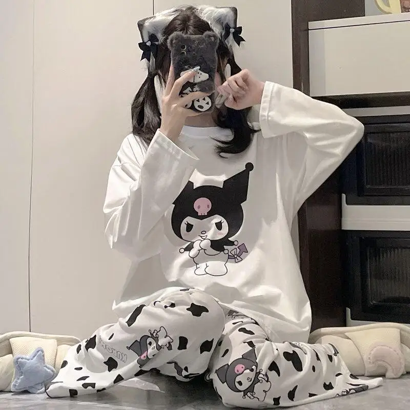 

Комплект пижам Sanrio Kuromi, хлопковая женская домашняя одежда, милый мультяшный дизайн в японском стиле, с длинными рукавами, весна-осень, популярная ночная одежда.
