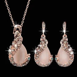 Fashion Gold Plated Opal Jewelry Sets for Woman Cubic Zirconia Water Drop Necklace Pendant Earrings Bridal Wedding Set