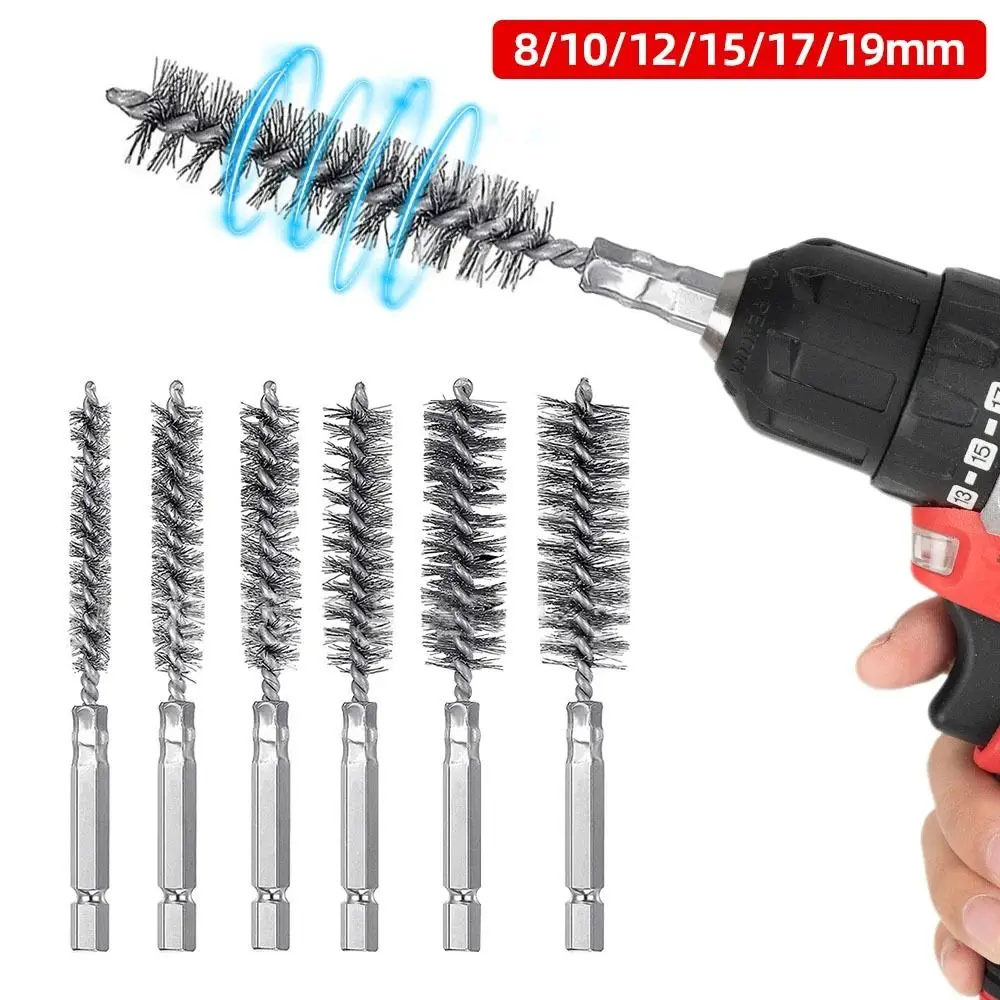 

1/6Pcs Stainless Steel Steel Bore Brush With Handle 1/4 6.35mm Hex Shank Twisted Wire Borebrush 8-19mm Washing Polishing Tools