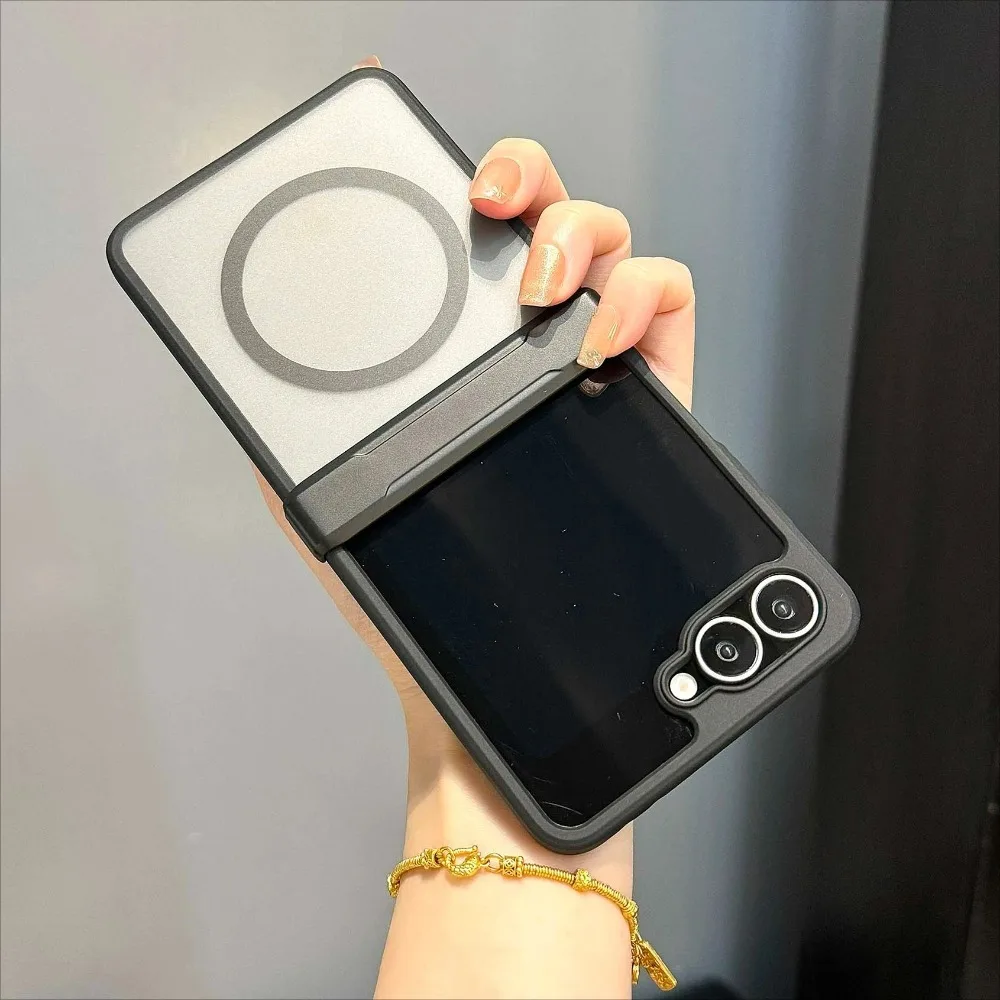 Matte Magnetic Phone Case for Samsung Galaxy Z Flip 7 Black Soft Silicone Border Folding Hinge Wireless Charging Protect Cover