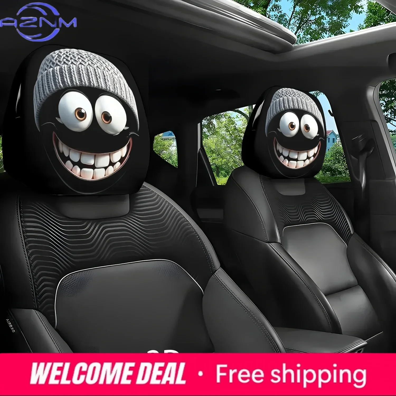 2Pcs Winter Smiley Face Printed Car Pillowcase Soft Comfortable Decorative Cushion Cover Auto Seat Headrest Washable