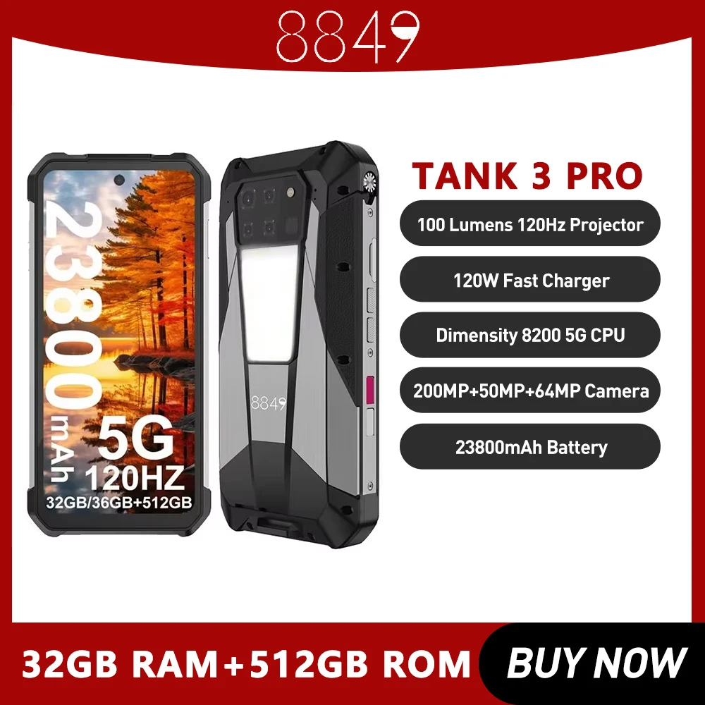 8849 Tank 3 Pro by Unihertz with 100 Lumens 120Hz Projector ,32GB/36GB RAM,512GB ROM,23800mAh 120W Fast Charger,5G,200MP Camera