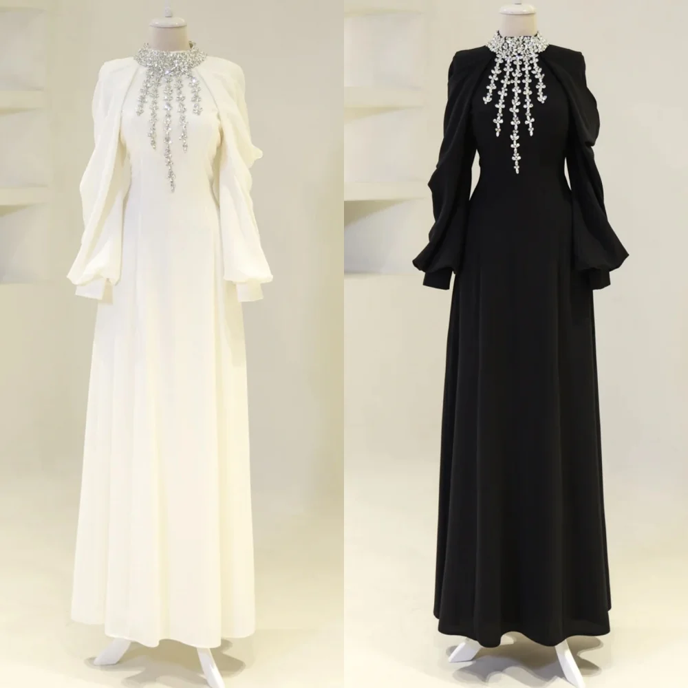 

Customized Matching Jersey Pleat Sequined A-line High Collar Long Dresses Bespoke Occasion Intricate Formal