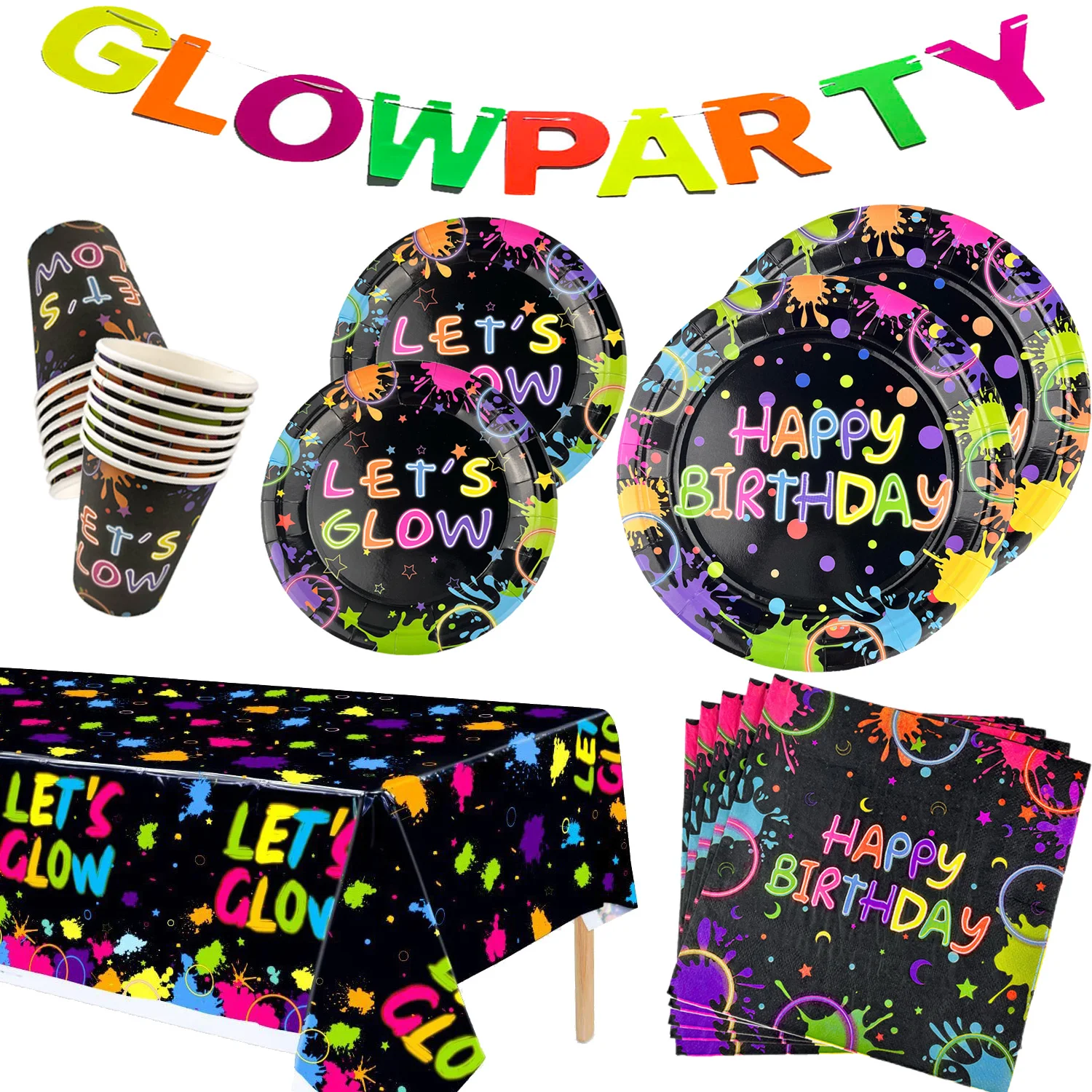 Neon Party Decoration Paper Plaes Cups Napkins Tanlecloth Glow Party Supplies Colorful Graffiti Party Decoration Favor