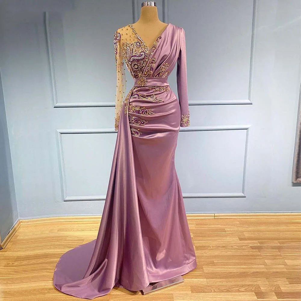 

Formal Light Purple Prom Dress Floor-Length Sequined Appliques V-Neck Long Sleeves Evening Party Gown Custom Vestidos De Gala