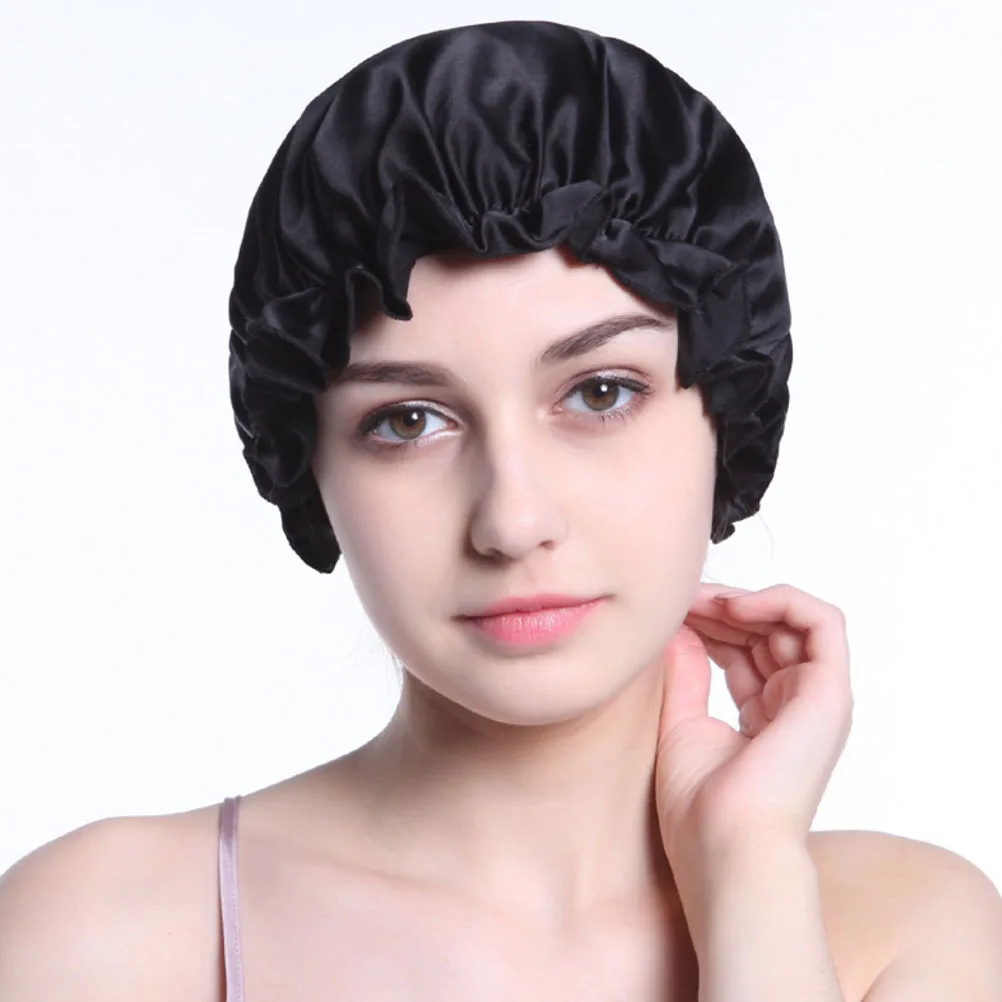 

Silk Women Sleep Cap Black Shower Hat Curly Hair Bonnet Wave Care Head Cover Smooth Silk Bonnet Cap Night Sleeping