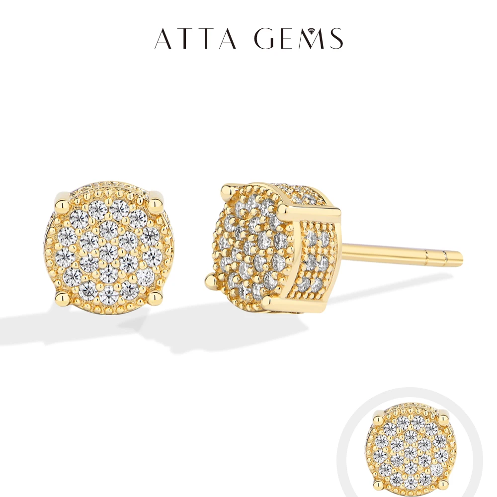 

ATTAGEMS D VVS1 Round Full Moissanite Earrings for Women Men 925 Sterling Silver 18k Gold Shiny Hiphop Studs Party Gift Jewelry