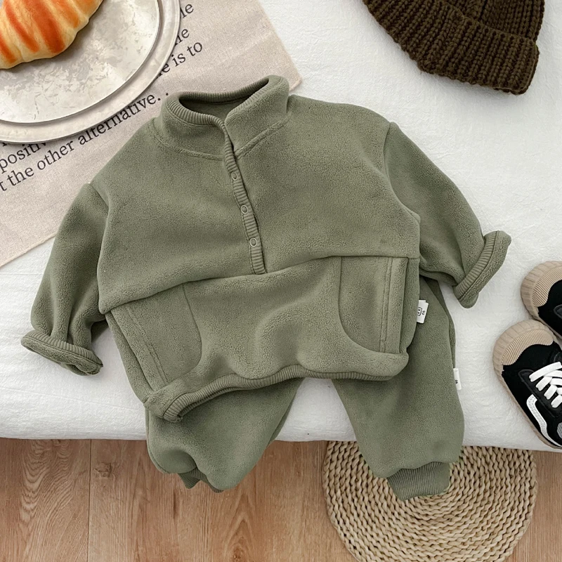 IYEAL Autumn Winter Baby Boys Girls Warm Fleece Thickened Clothing Sets Baby Coat+Pants 2 Piece Set Children\'s Clothing