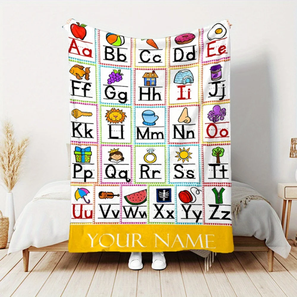1pc Customizable Alphabet Learning Flannel Blanket Personalized Name Lightweight All-Season Throw for Home Office Camping Travel