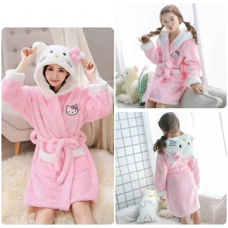 Sanrio Hello Kitty Girls Pajamas Children's Fall and Winter Hooded Thickened Bathrobe Girls Pink Kawaii with Jacket Tops