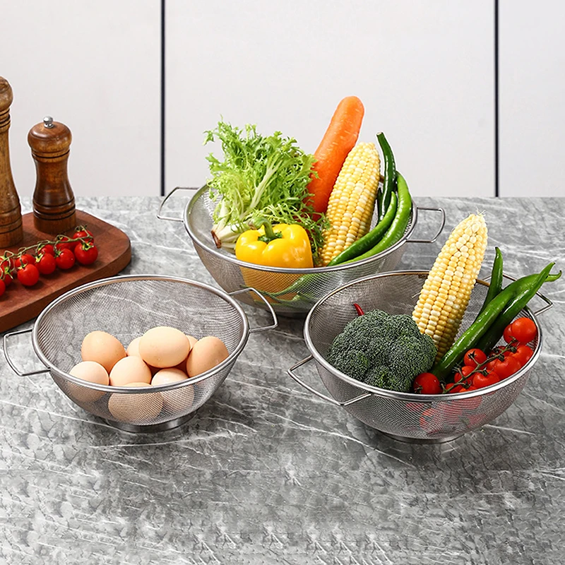 

3pcs Stainless Steel Drain Basket Colander Fruit Rice Vegetable Washing Basket Strainer Drainer With Handle Kitchen Storage Tool