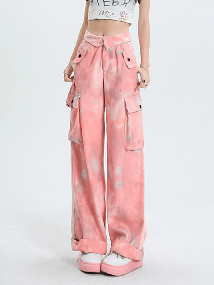 High Fashion Camouflage Women Street Pink Jeans Pockets Wide Leg High Waist Denim Pants Female Loose Streetwear Casual Trousers