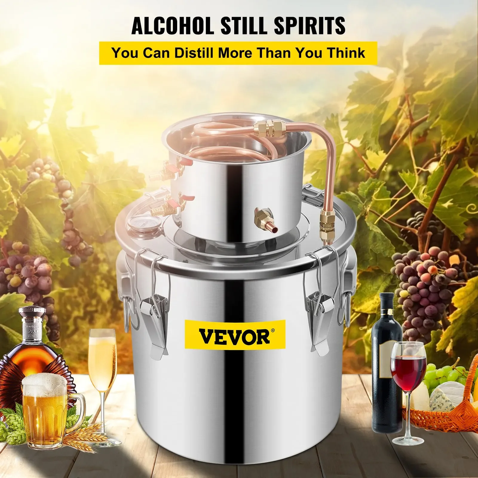 VEVOR Alambic Distiller Alcohol Moonshine 5 Gal DIY Still Stainless Copper Home Brew Water Wine Essential Oil Brewing Kit