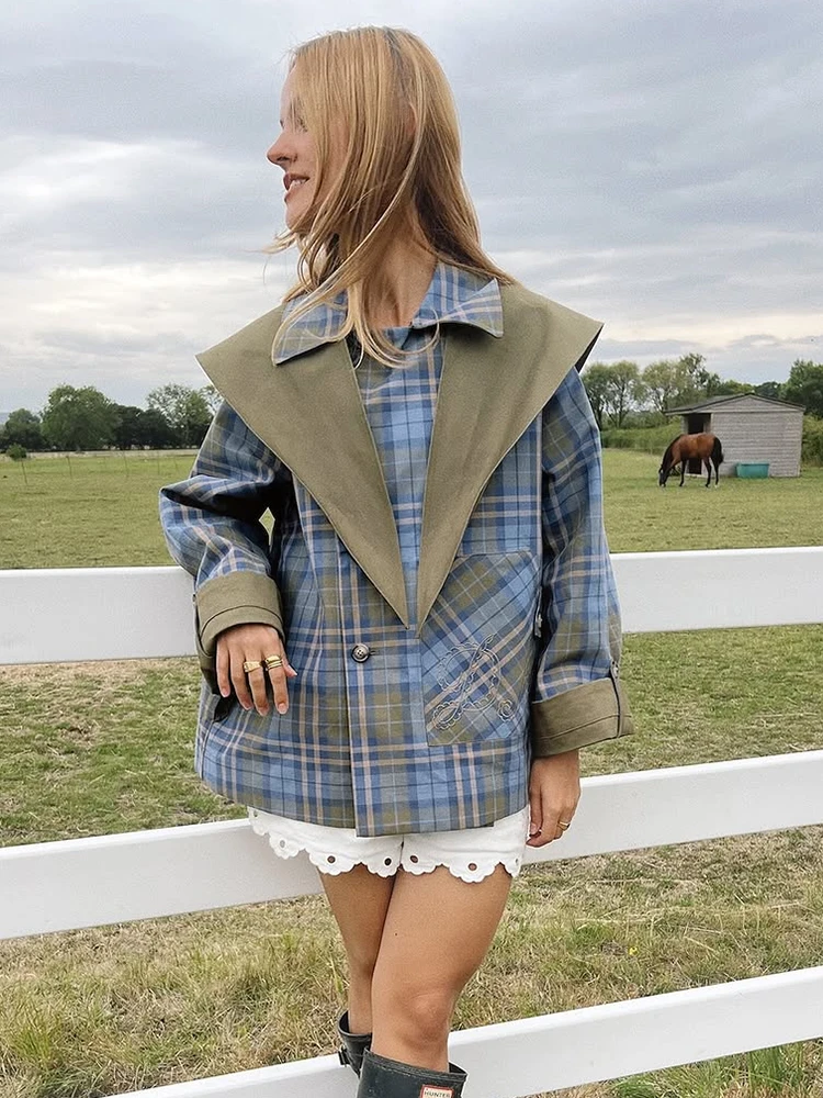 

Vintage Plaid Embroidery Reversible Trench Coat Women Single Breasted Pocket Long Sleeve Jacket 2025 Autumn Lady Streetwear