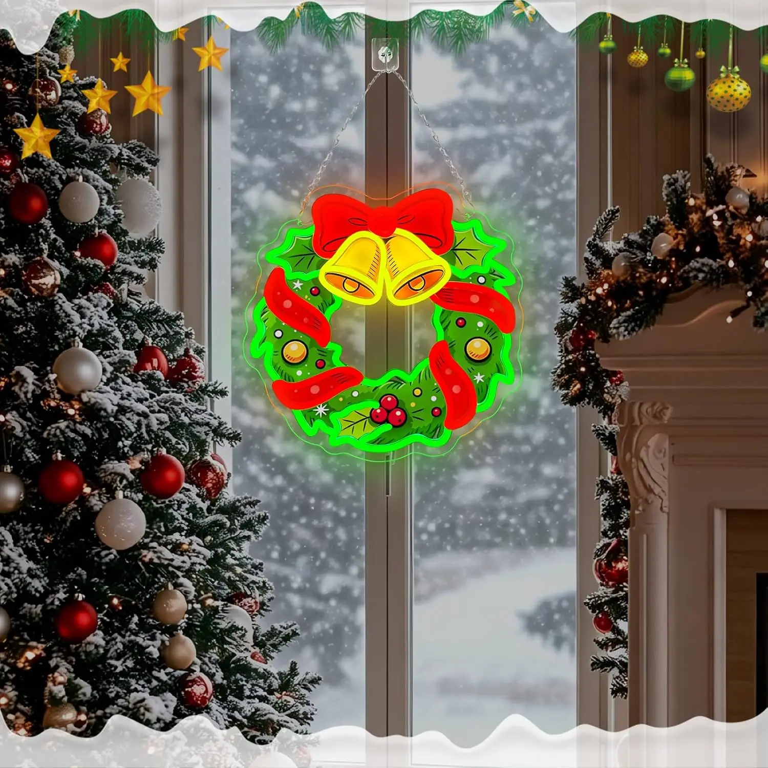 Christmas Wreath Bell Neon Sign LED Neon Light, USB Xmas Garland Neon Lamp for Christmas Party Home Window Bar Decoration Gift