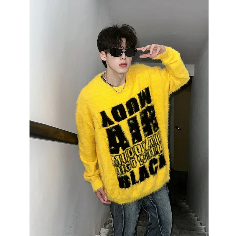 

Мужской вязаный свитер в стиле ретро-американского кэжуал, весна-осень, с круглым вырезом, базовая модель, модный бренд, вышивка букв, верхняя одежда